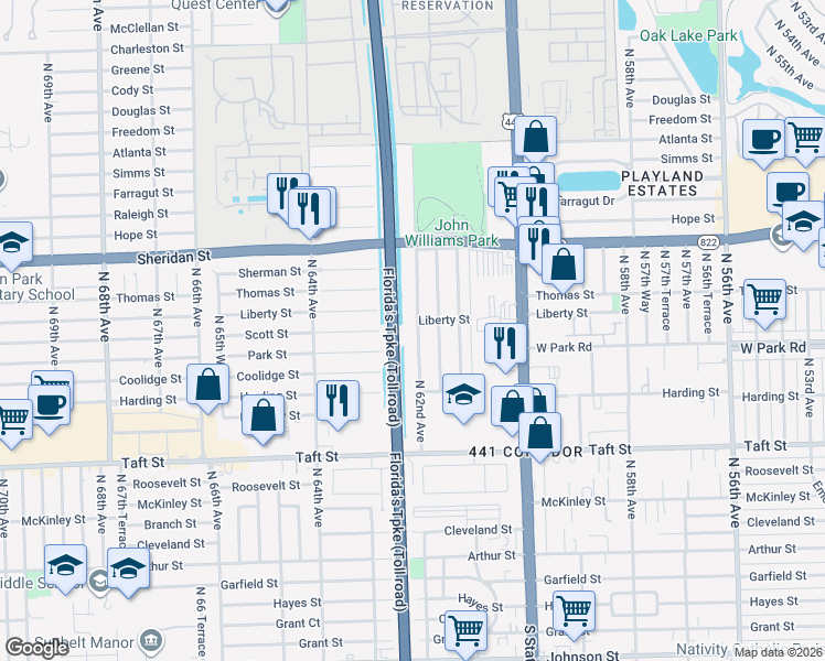 map of restaurants, bars, coffee shops, grocery stores, and more near 2200 North 62nd Avenue in Hollywood