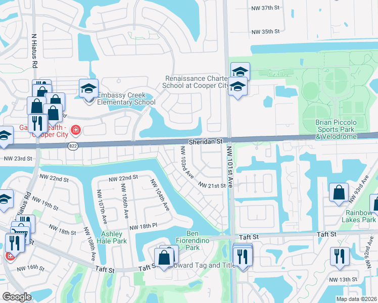 map of restaurants, bars, coffee shops, grocery stores, and more near 2430 Northwest 103rd Avenue in Pembroke Pines