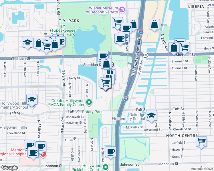 map of restaurants, bars, coffee shops, grocery stores, and more near 1954 North 30th Road in Hollywood