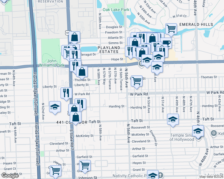 map of restaurants, bars, coffee shops, grocery stores, and more near 2180 North 57th Avenue in Hollywood
