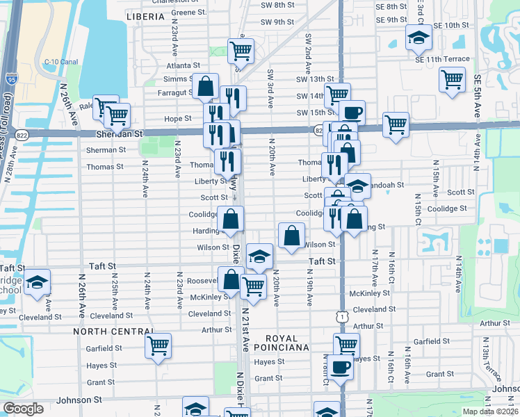 map of restaurants, bars, coffee shops, grocery stores, and more near 2010 Scott Street in Hollywood
