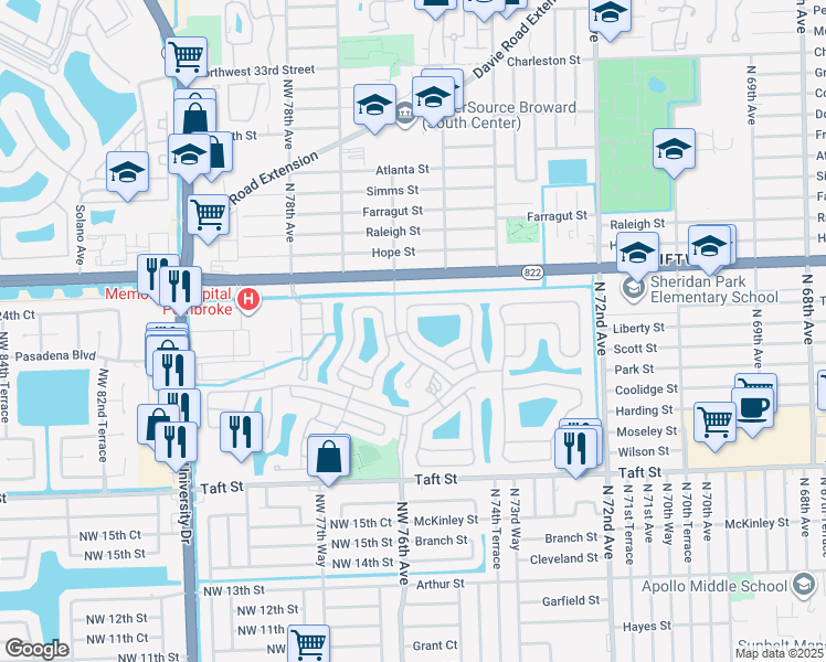 map of restaurants, bars, coffee shops, grocery stores, and more near 2199 Northwest 75th Way in Pembroke Pines