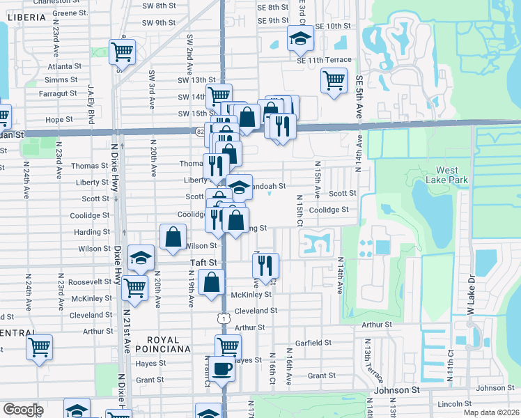 map of restaurants, bars, coffee shops, grocery stores, and more near 1901 N Federal Hwy in Hollywood
