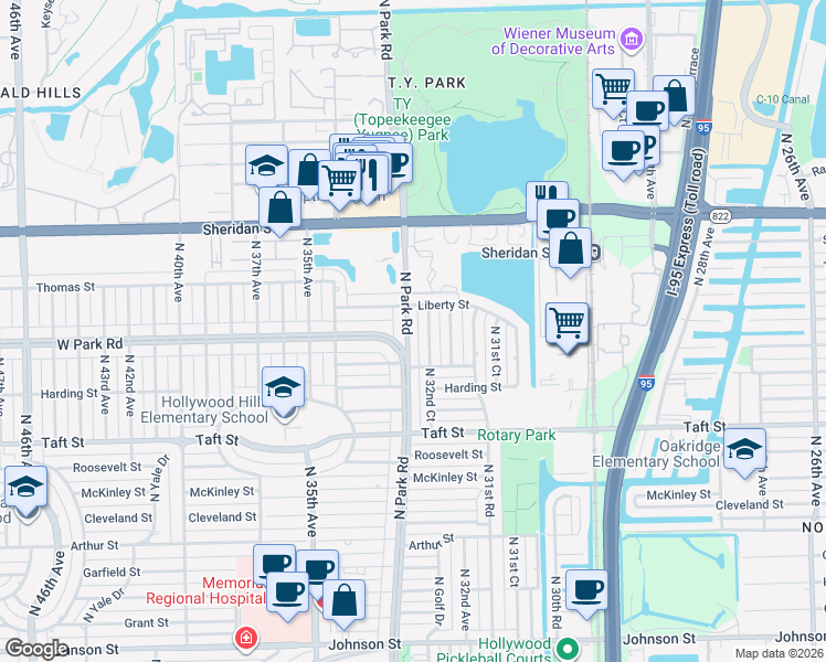 map of restaurants, bars, coffee shops, grocery stores, and more near 2119 North Park Road in Hollywood