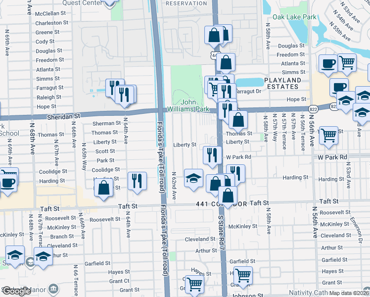 map of restaurants, bars, coffee shops, grocery stores, and more near 2210 North 61st Avenue in Hollywood