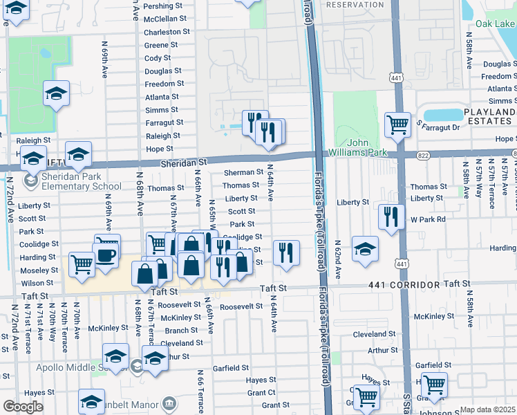 map of restaurants, bars, coffee shops, grocery stores, and more near 6420 Liberty Street in Hollywood