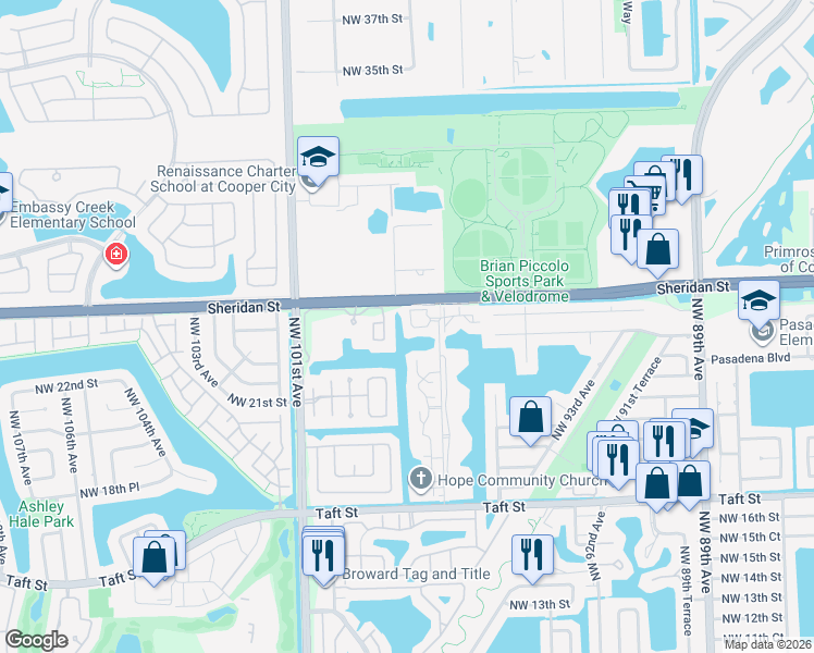 map of restaurants, bars, coffee shops, grocery stores, and more near 9702 Northwest 24th Court in Pembroke Pines