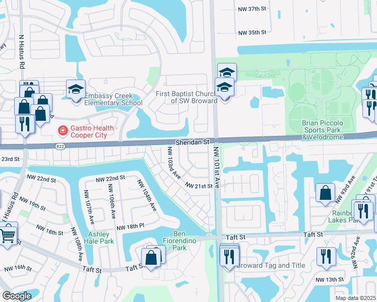 map of restaurants, bars, coffee shops, grocery stores, and more near 10230 Sheridan Street in Pembroke Pines