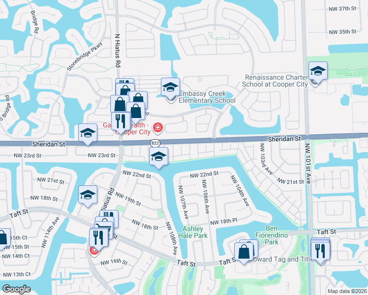 map of restaurants, bars, coffee shops, grocery stores, and more near 2381 Oak Court in Pembroke Pines