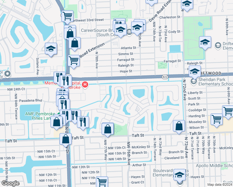 map of restaurants, bars, coffee shops, grocery stores, and more near 2257 Northwest 77th Terrace in Pembroke Pines