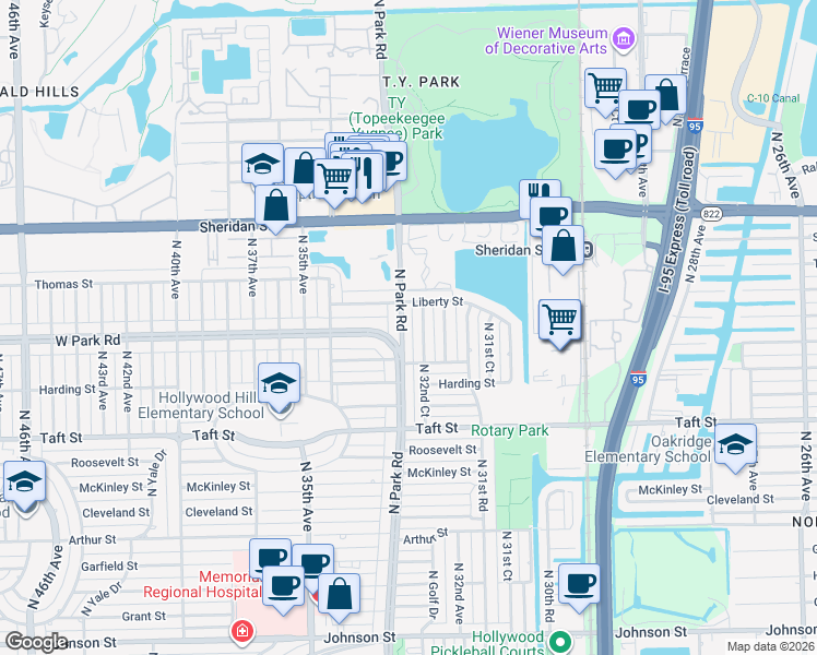 map of restaurants, bars, coffee shops, grocery stores, and more near 2119 North Park Road in Hollywood