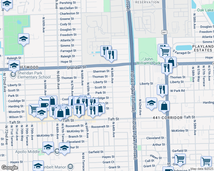 map of restaurants, bars, coffee shops, grocery stores, and more near 6420 Liberty Street in Hollywood