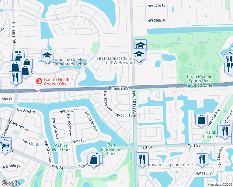 map of restaurants, bars, coffee shops, grocery stores, and more near 10230 Sheridan Street in Pembroke Pines