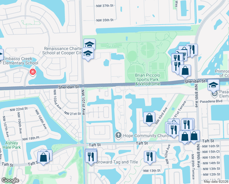 map of restaurants, bars, coffee shops, grocery stores, and more near 9702 Northwest 24th Court in Pembroke Pines