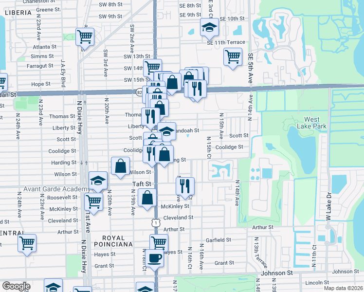 map of restaurants, bars, coffee shops, grocery stores, and more near 1901 North Federal Highway in Hollywood