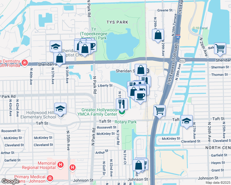map of restaurants, bars, coffee shops, grocery stores, and more near 2112 North 31st Court in Hollywood