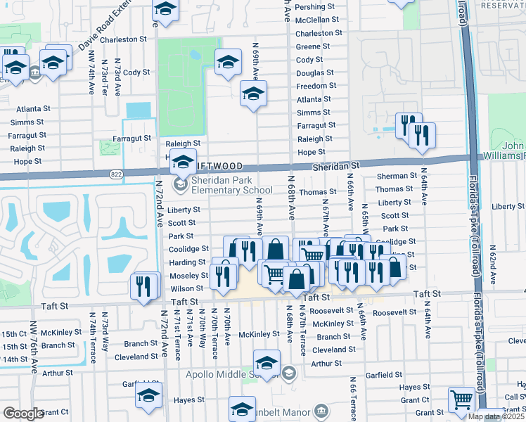 map of restaurants, bars, coffee shops, grocery stores, and more near 6871 Liberty Street in Hollywood