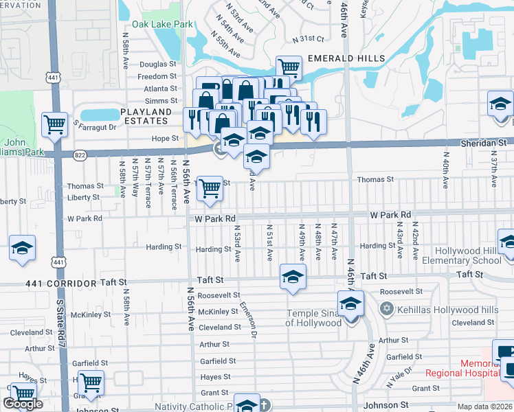 map of restaurants, bars, coffee shops, grocery stores, and more near 2111 North 52nd Avenue in Hollywood