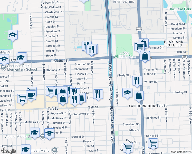 map of restaurants, bars, coffee shops, grocery stores, and more near 6350 Liberty Street in Hollywood