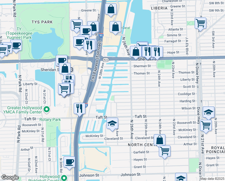map of restaurants, bars, coffee shops, grocery stores, and more near 2638 Scott Street in Hollywood