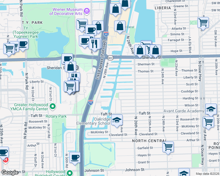 map of restaurants, bars, coffee shops, grocery stores, and more near 2706 Scott Street in Hollywood