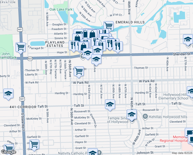 map of restaurants, bars, coffee shops, grocery stores, and more near 2111 North 52nd Avenue in Hollywood
