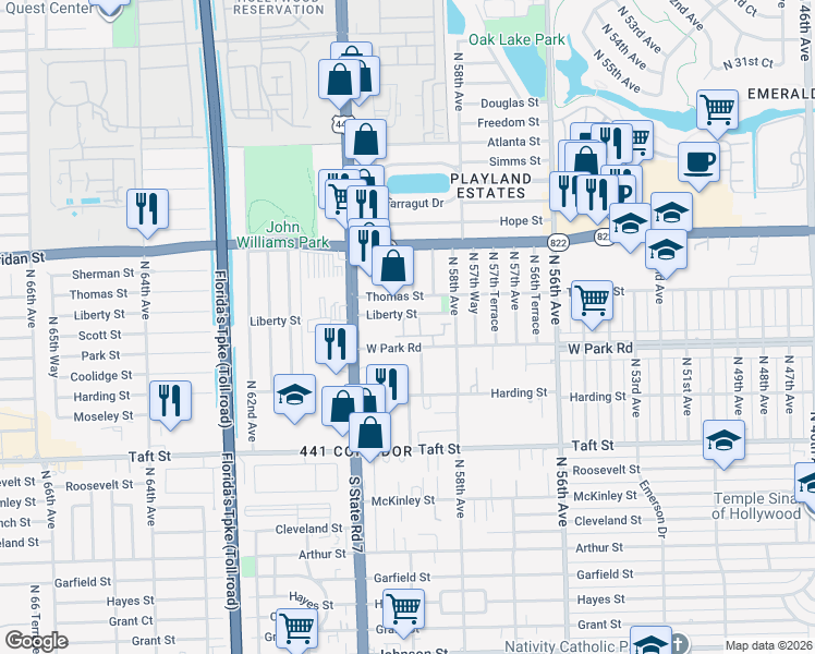 map of restaurants, bars, coffee shops, grocery stores, and more near 5910 Liberty Street in Hollywood