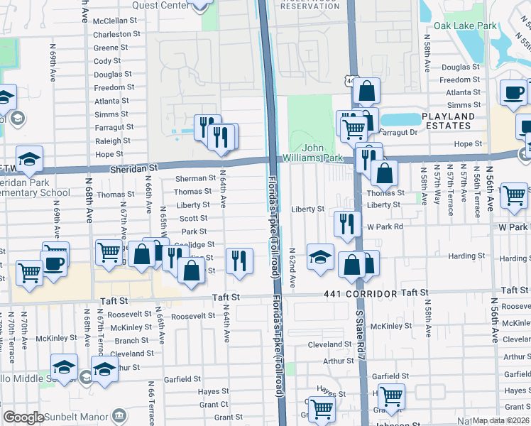 map of restaurants, bars, coffee shops, grocery stores, and more near 6270 Liberty Street in Hollywood