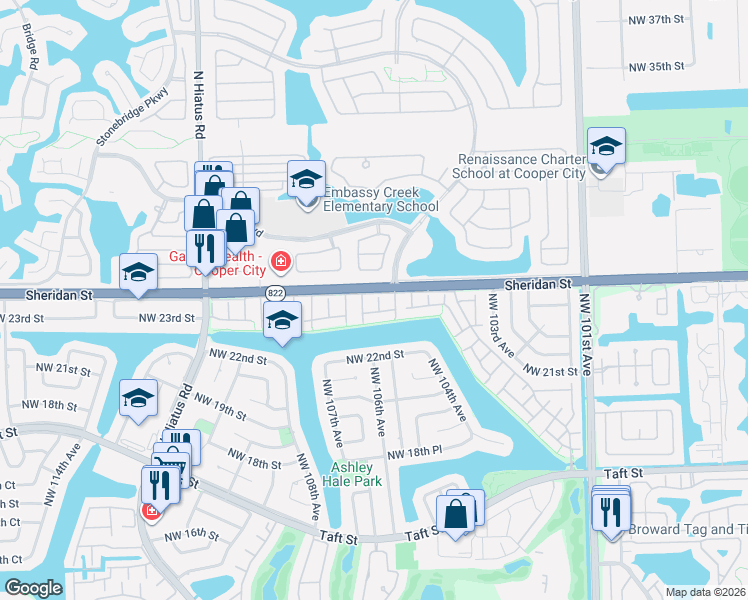 map of restaurants, bars, coffee shops, grocery stores, and more near 2350 Chestnut Court in Pembroke Pines