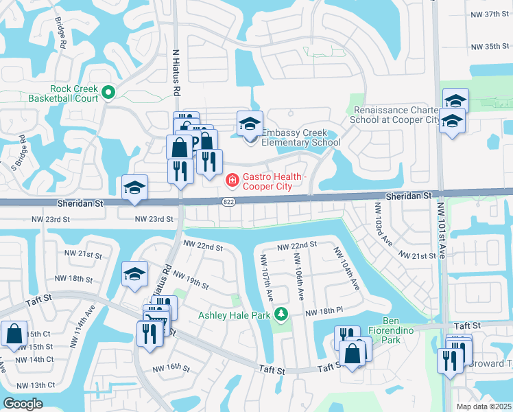map of restaurants, bars, coffee shops, grocery stores, and more near 2381 Oak Court in Pembroke Pines