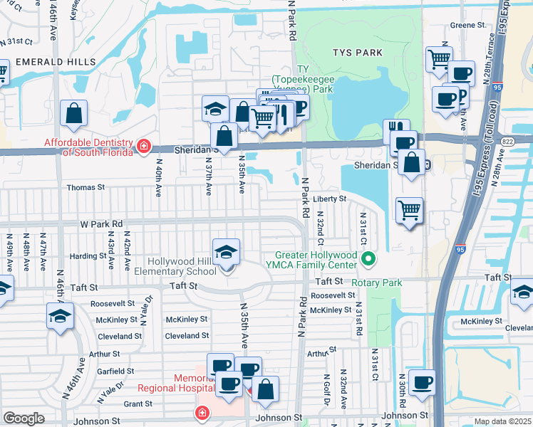 map of restaurants, bars, coffee shops, grocery stores, and more near 3345 West Park Road in Hollywood