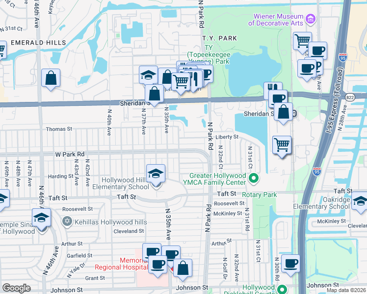 map of restaurants, bars, coffee shops, grocery stores, and more near 3349 West Park Road in Hollywood