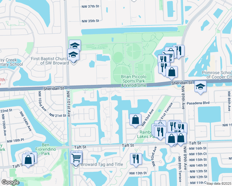 map of restaurants, bars, coffee shops, grocery stores, and more near 2331 Northwest 96th Terrace in Pembroke Pines