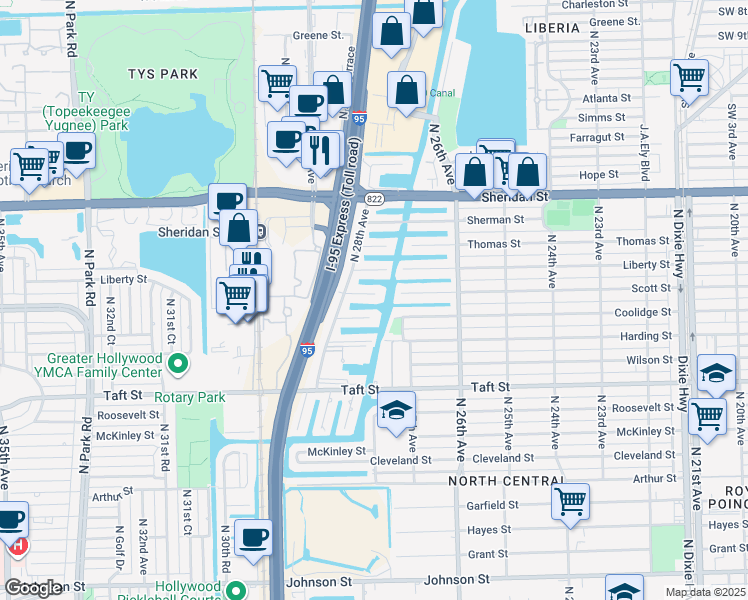 map of restaurants, bars, coffee shops, grocery stores, and more near 2706 Scott Street in Hollywood