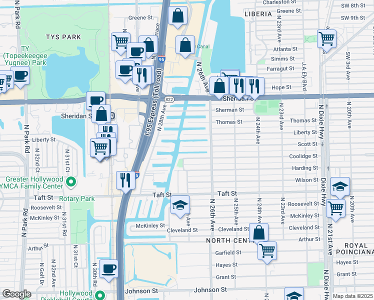 map of restaurants, bars, coffee shops, grocery stores, and more near 2638 Scott Street in Hollywood