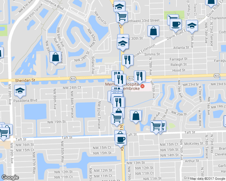 map of restaurants, bars, coffee shops, grocery stores, and more near 2300 North University Drive in Pembroke Pines