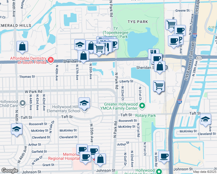 map of restaurants, bars, coffee shops, grocery stores, and more near 3331 West Park Road in Hollywood