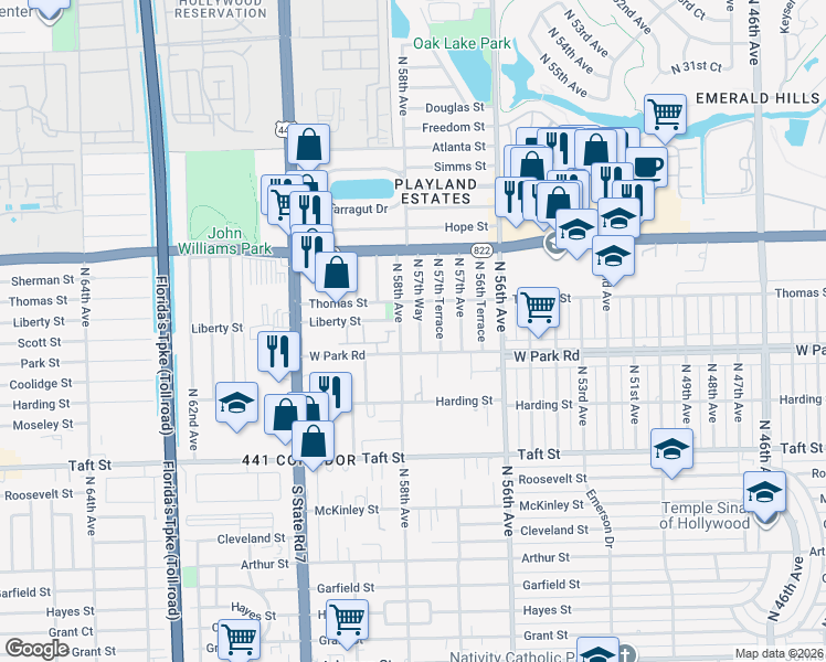 map of restaurants, bars, coffee shops, grocery stores, and more near 2140 North 57th Way in Hollywood