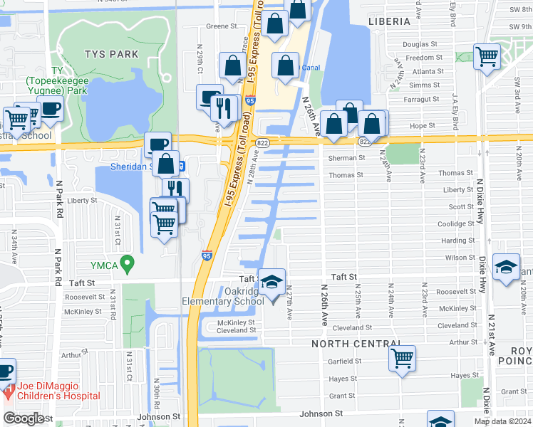 map of restaurants, bars, coffee shops, grocery stores, and more near 2706 Scott Street in Hollywood