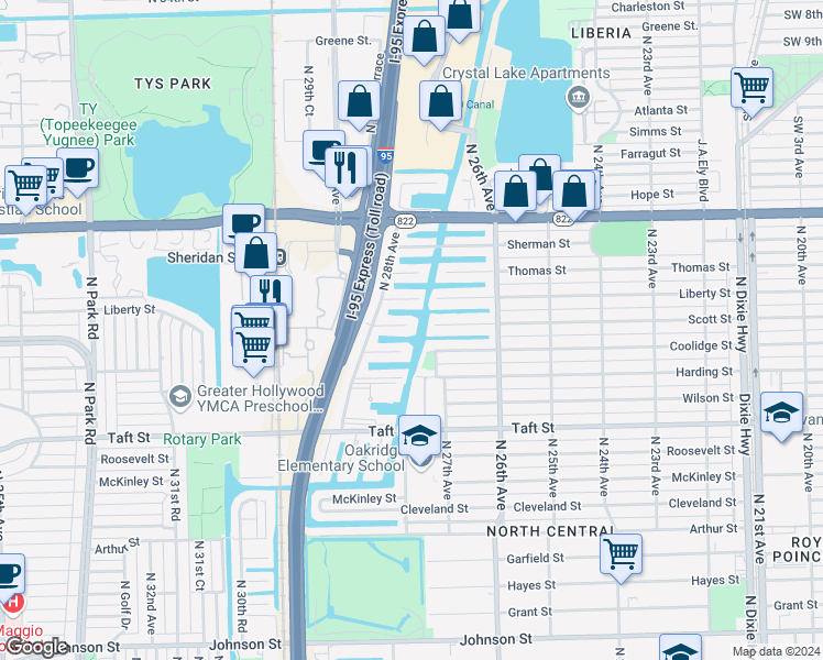 map of restaurants, bars, coffee shops, grocery stores, and more near 2706 Scott Street in Hollywood