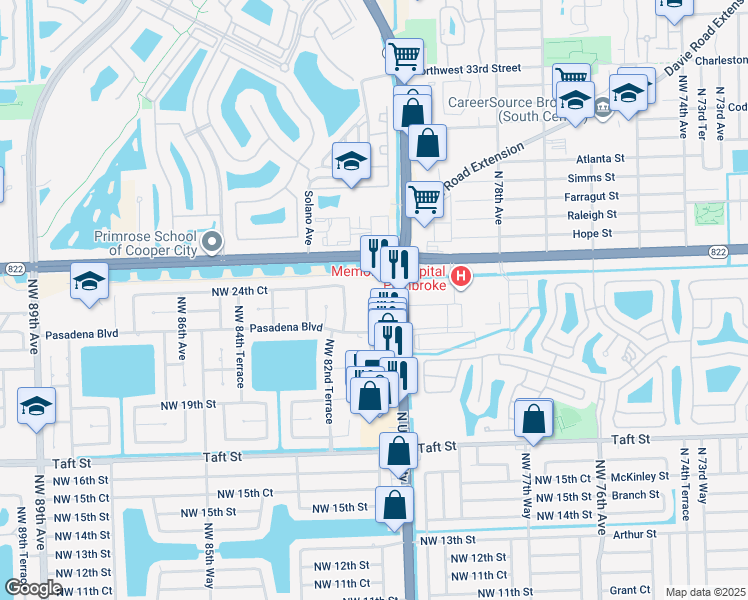 map of restaurants, bars, coffee shops, grocery stores, and more near 2300 North University Drive in Pembroke Pines