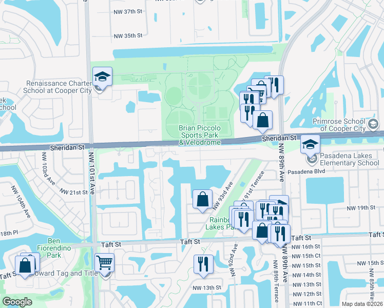 map of restaurants, bars, coffee shops, grocery stores, and more near 9440 Northwest 24th Place in Pembroke Pines