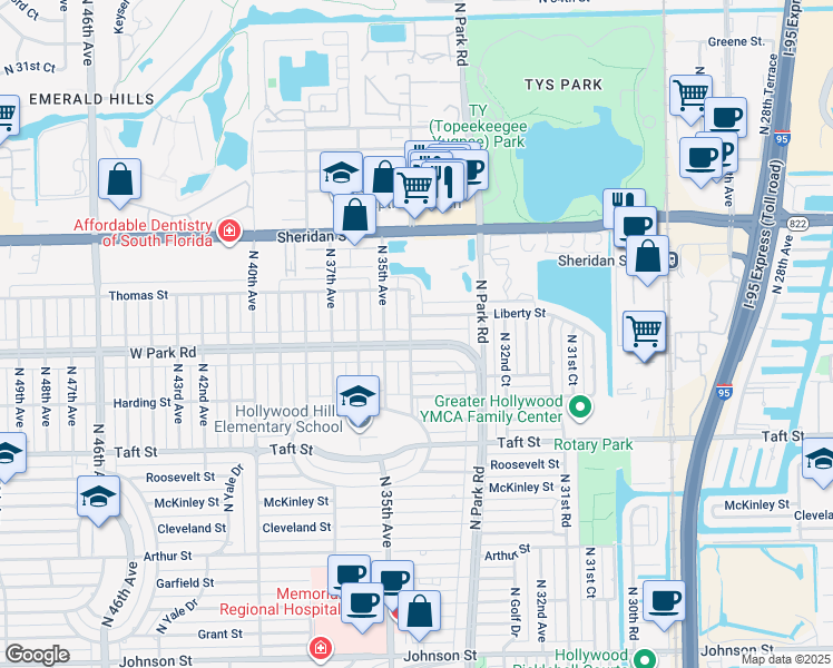 map of restaurants, bars, coffee shops, grocery stores, and more near 3349 West Park Road in Hollywood
