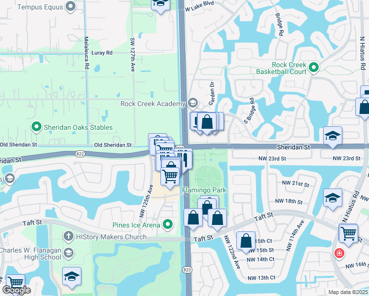 map of restaurants, bars, coffee shops, grocery stores, and more near S Flamingo Rd & Sheridan St in Pembroke Pines