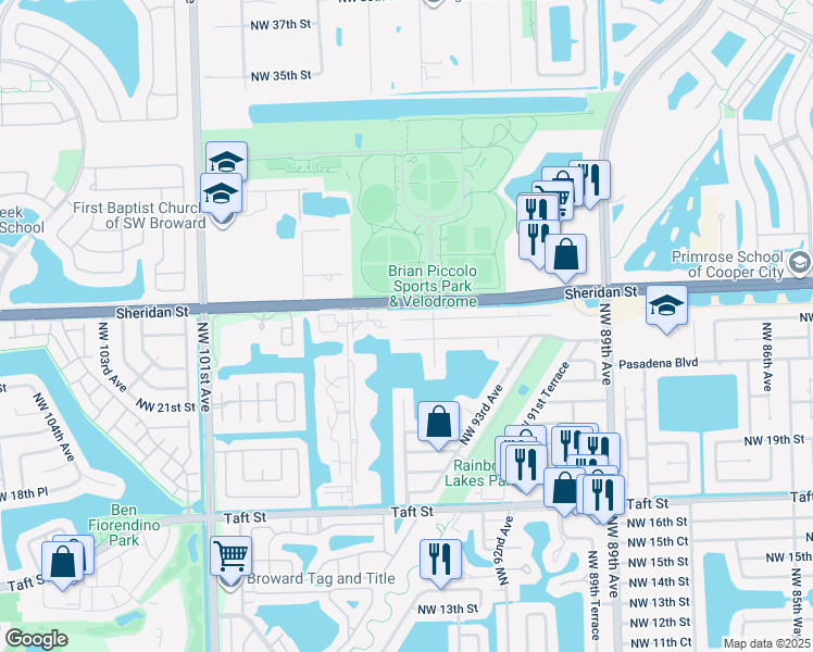 map of restaurants, bars, coffee shops, grocery stores, and more near 9440 Northwest 24th Place in Pembroke Pines