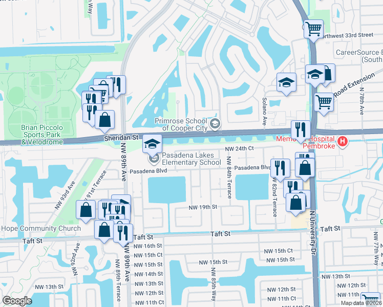map of restaurants, bars, coffee shops, grocery stores, and more near 8620 Northwest 24th Court in Pembroke Pines