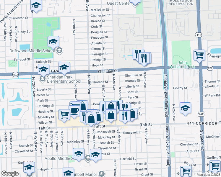 map of restaurants, bars, coffee shops, grocery stores, and more near 6620 Liberty Street in Hollywood