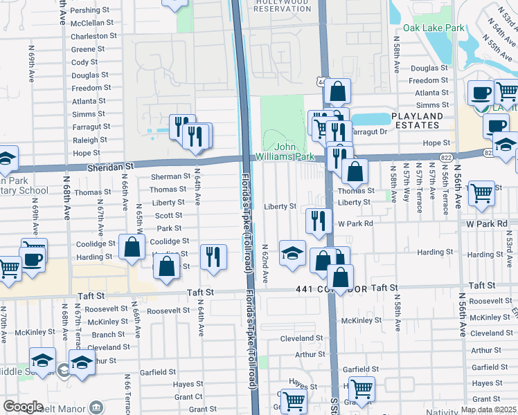 map of restaurants, bars, coffee shops, grocery stores, and more near 2200 North 62nd Avenue in Hollywood