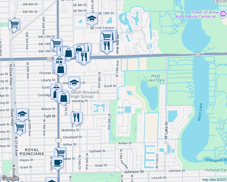 map of restaurants, bars, coffee shops, grocery stores, and more near 1419 Coolidge Street in Hollywood