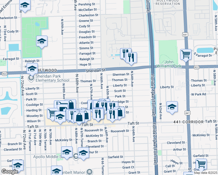 map of restaurants, bars, coffee shops, grocery stores, and more near 6570 Liberty Street in Hollywood